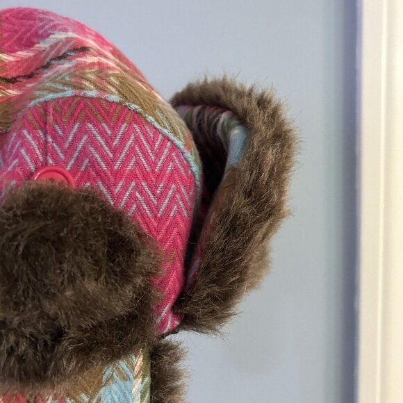 D&Y Trapper Hat Womens One Size Pink Shapka Plaid Winter Faux Fur Ear Flap - Picture 6 of 10